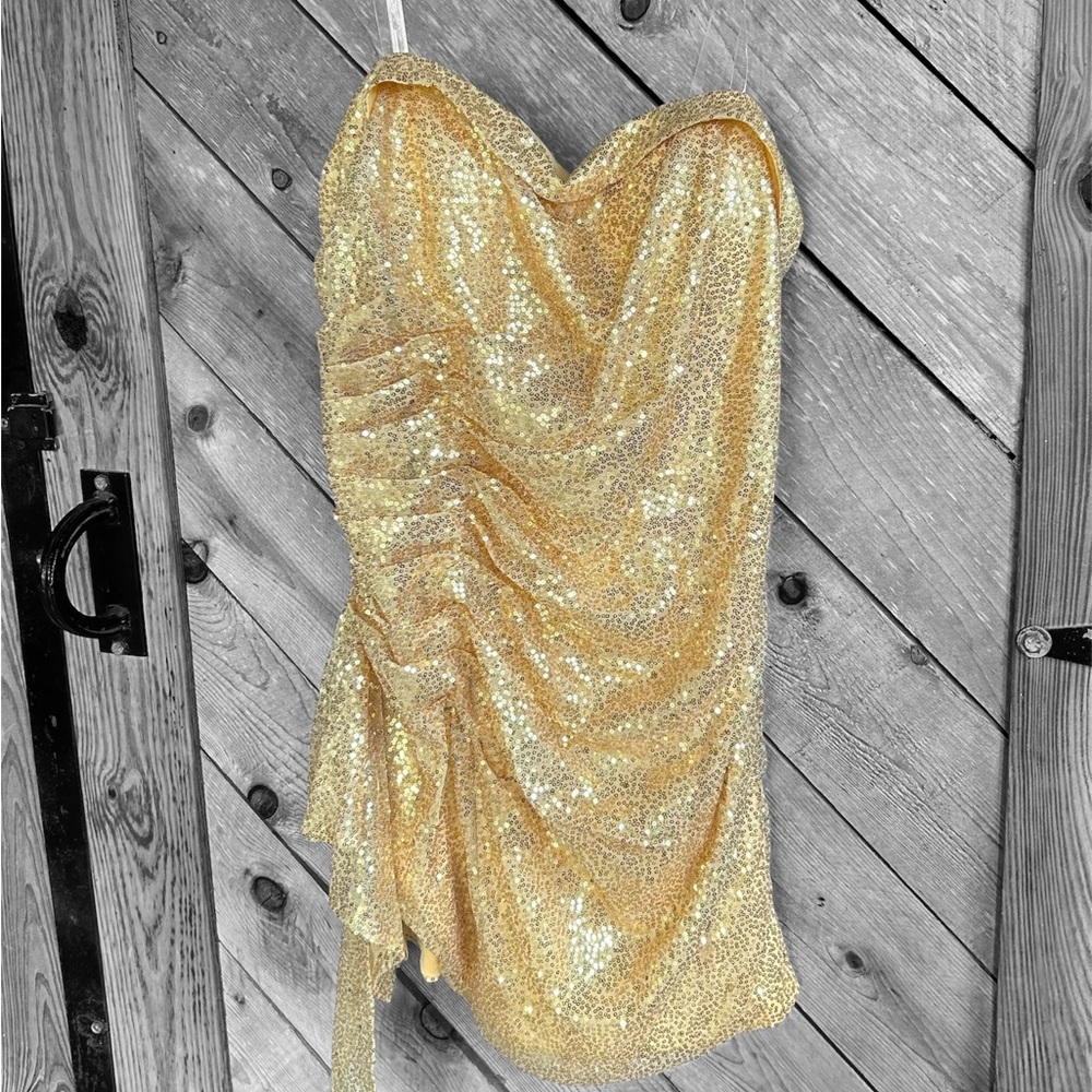 Gold Sequin Strapless Dress
